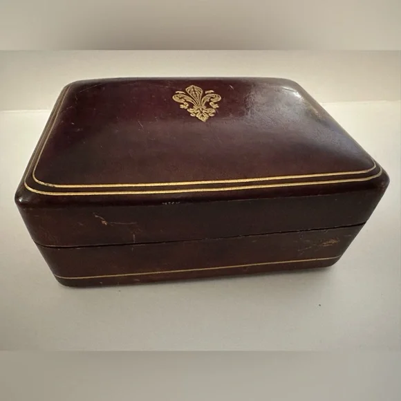 Vintage Antique Florentine Leather Box Tooled Gold Gilt Fleur De Lis Decoration